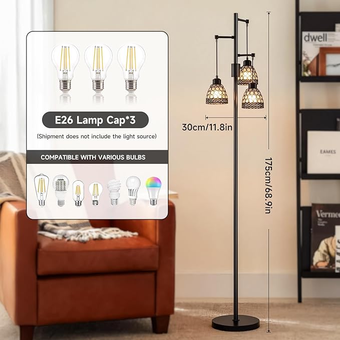 -Modern 3-Head Floor Lamp with Crystal Beads, Industrial Metal Standing Lamp Adjustable Hanging Light for Living Room-Black