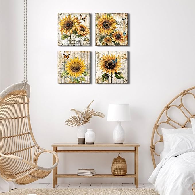Sunflower Wall Art Farmhouse Sunflower Pictures Kitchen Wall Decor Butterfly Flowers Canvas Posters Prints for Living Room Rustic Botanical Paintings Vintage Artwork Home Decorations 12x12” 4Pcs