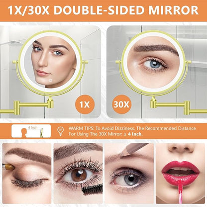 Auxmir 1X/30X Wall Mounted Makeup Mirror with Light, 8" Rechargeable Double-Sided Magnifying Mirror, Vanity Mirror Dimmable 3 Color Light, 360° Extension Rotation Foldable 14.5 Inch Arm, Gold