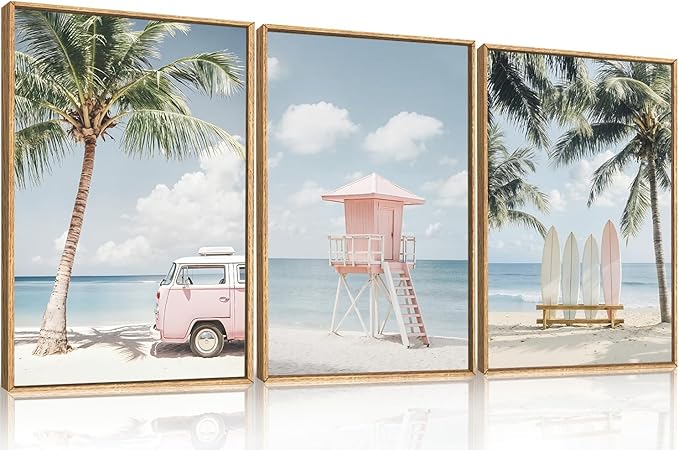 Celestdeco Large Beach Seascape Ocean Framed Canvas Wall Art Set,Modern Coastal Surfboard Palm Tree Wall Decor,Summer Pink Van Artwork for Living Room,Bedroom,Dining Room,Office-16 x24 x3