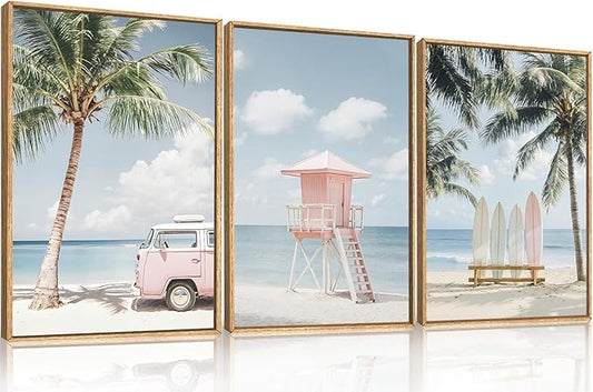 Celestdeco Large Beach Seascape Ocean Framed Canvas Wall Art Set,Modern Coastal Surfboard Palm Tree Wall Decor,Summer Pink Van Artwork for Living Room,Bedroom,Dining Room,Office-16 x24 x3