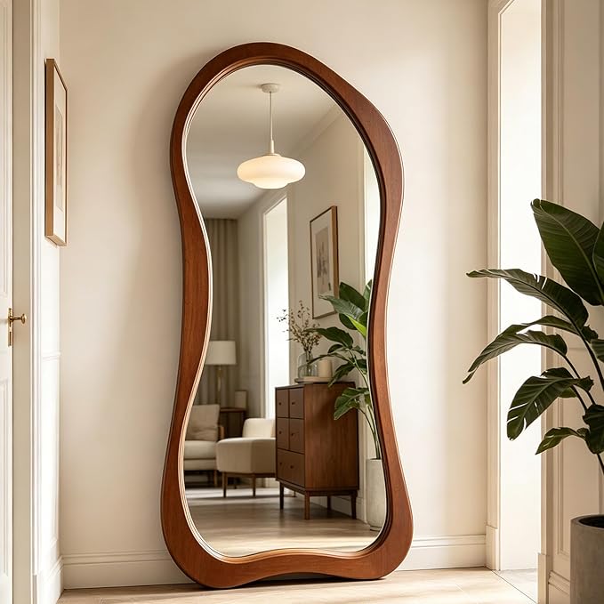 Large Irregular Mirror, 63"x30" Asymmetrical Aesthetic Mirrors with Solid Wood Frame, Premium Organic Shape Floor Mirror for Living Room Entryway Hallway Bedroom Cloakroom, Leaning/Hanging