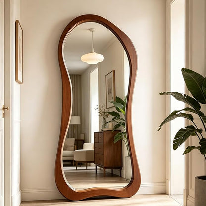 Large Irregular Mirror, 63"x30" Asymmetrical Aesthetic Mirrors with Solid Wood Frame, Premium Organic Shape Floor Mirror for Living Room Entryway Hallway Bedroom Cloakroom, Leaning/Hanging