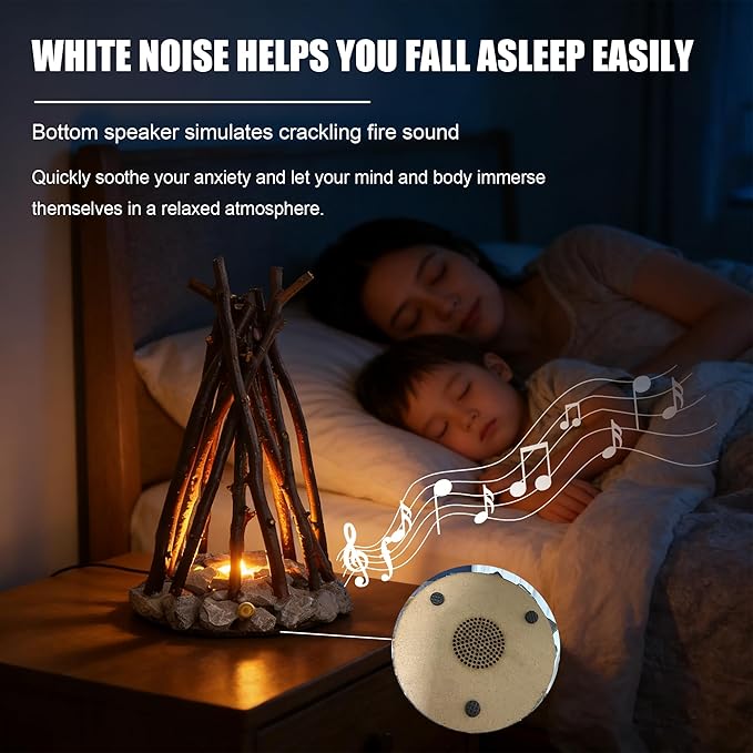 LED Campfire Light with Flame Sound - USB Rechargeable, 3 Modes, Realistic Flame & Stone Design, Creative Handcrafted Ambient Night Light for Holidays & Home Decor (M)