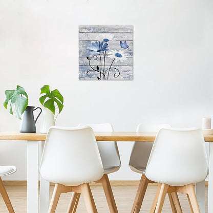 HVEST Farmhouse Blue Floral Wall Art for Living Room, Blue and White Daisy Butterfly on Rustic Wood Canvas Wall Art Nature Flower Pictures for Bathroom Bedroom Apartment Wall Decor,12L X 12W inches
