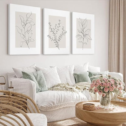 Youillne Neutral Botanical Prints Wall Art Decor Plant Minimalist Canvas Pictures Vintage Beige Wall Art Modern Farmhouse Line Poster Boho Abstract Painting Artwork for Bedroom 16x24 Inch Set of 3