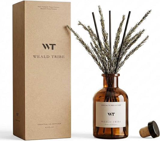 WEALD TRIBE Reed Diffuser Set for Bathroom Air Fresheners, Oil Diffuser Sticks with Flower | Balsam Fir Scent 4.0 fl oz Home Fragrance with Sticks Defusers | House Bedroom Office Shelf Decor
