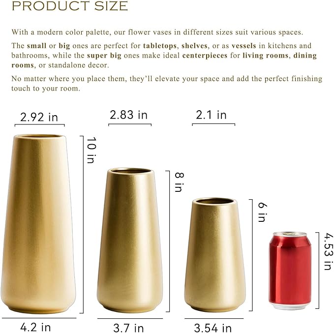 Light Gold Vase - 8" Big Gold Ceramic Flower vase for Home/Table/Accent Decor, Minimalist Modern Vases for Centerpieces, Room Decor, Living Room, Bedroom or Gift