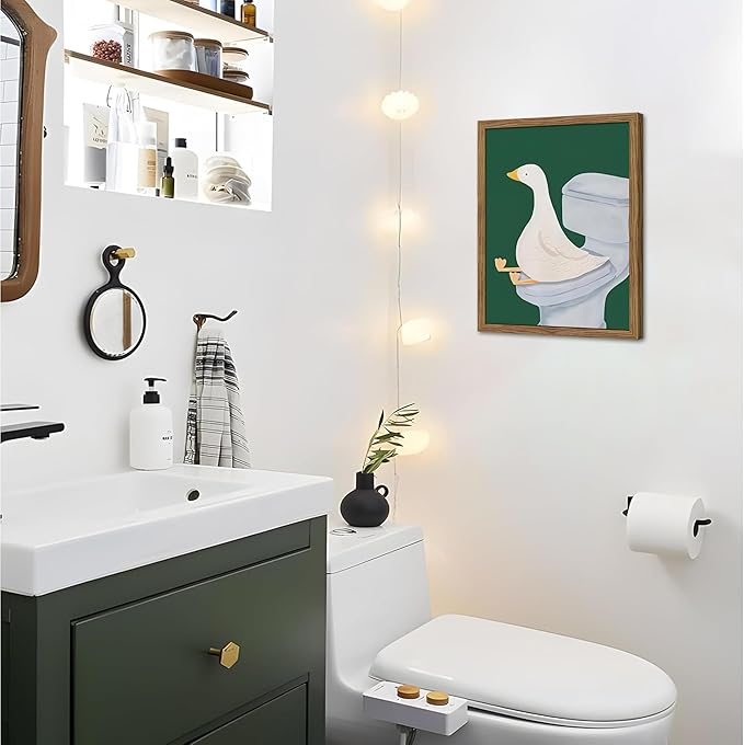 Framed Silly Goose Wall Art Bathroom Art Wall Decor Set of 3, Funny Gooses Poster Print, Dark Green Nursery Decor, Cute Animal Pictures Canvas for Kids Bathroom Washroom – 12x16 inch