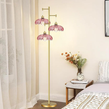 AHDWDW Gold Floor Lamp for Living Room,Modern Floor Lamps with Unique Pink Glass Shades,3 Lights Mid Century Tall Standing Lamp,Vintage Tree Flower Floor Lamp for Bedroom Corner Office Reading