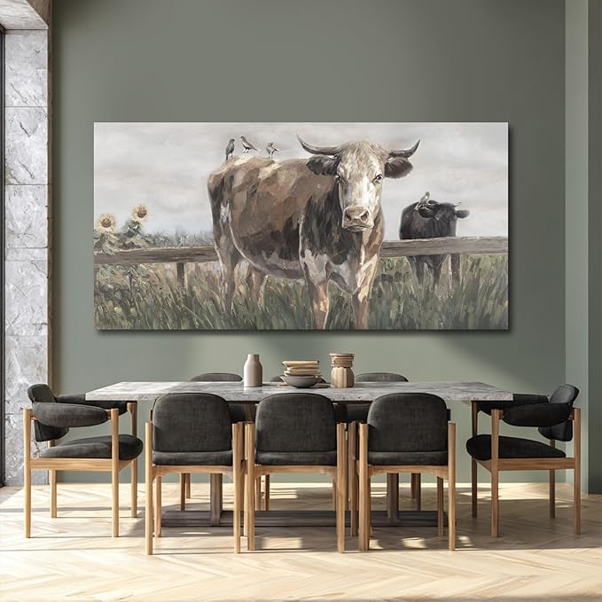 ZENPEE Large Brown and Black Cow Canvas Wall Art – Vintage Farmhouse Animal Decor for Bedroom, Bathroom, Office, Fireplace & Kitchen, 29 x 58 Inch