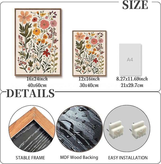 KISSFOX 3 Piece Boho Floral Canvas Wall Art For Bedroom Cottagecore Wild Flower Framed Wall Art Colorful Nature Modern Botanical Art Prints For Nursery Living Room,16x24 in