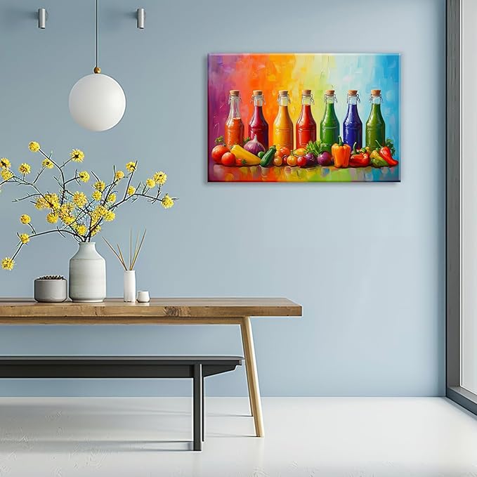 OAAPITI Kitchen Canvas Wall Art Colorful Spices Seasoning Bottle And Vegetable Picture Print Abstract Contemporary Modern Artwork Home Decoration Ready To Hang(Artwork-5,28"x42")