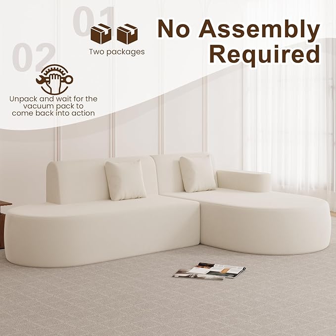 MELLCOM Modern 93" Curved Boneless Sofa Couch, L-Shaped Corner Sofa, No Assembly Needed, Chenille Upholstered Cloud Sectional Couch for Living Room,Apartment and Bedroom (Beige, Right Hand Facing)