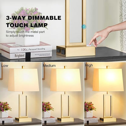 Rinweey 23.5" Touch Control Table Lamps Set of 2, Modern Gold Bedside Lamps with USB A+C Ports & AC Outlet, 3 Way Dimmable Contemporary Nightstand Lamps for Bedroom Living Room(2 LED Bulb Included)