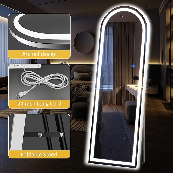 Arch Full Length Standing Mirror with LED Lights, 68"x26" Lighted Mirror with Dimming & 3 Color Lighting, Tall Mirror Full Body for Bedroom, Dressing Room
