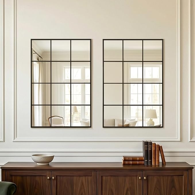 Anpark Windowpane Wall Mirror 24"x36" Black Wall Mounted Art Pane Mirror Farmhouse Decorative Mirror Leaning Hanging Wall Mirror for Bedroom Living Room Entrance Hallway Wall Decor