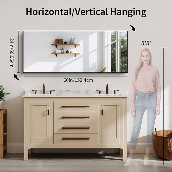 YIROMAN Bathroom Mirror 60"x24", Matte Black Bathroom Mirror for Over Sink with Aluminum Frame, Rectangular Vanity Mirror with Right Angles, Wall Mirror Hangs Horizontal or Vertical, Shatterproof