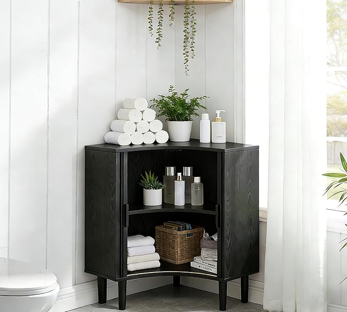 Lxsxlome Fluted Corner Cabinet, Small Corner Floor Cabinet with Sliding Doors and Adjustable Shelves, Modern Wooden Freestanding Narrow Storage Organizer for Small Space,Living Room (Black, 29.5" H)