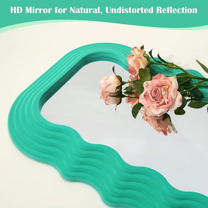 Irregular Wall Mirror Living Room Decor, 14x28 Arched Decorative Mirrors with Flocking Touch, Large Modern Wavy Mirror for Hallway Entryway Staircase, Over the Bed Wall Art Decoration (Green)