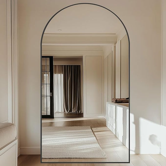 Large Standing Mirror Full Length, 82"X44" Oversized Arched Floor Mirror Black Full Length Mirror with Stand, Hanging or Wall Mounted for Bedroom Living Room Clothing Store Gym, Tempered Glass