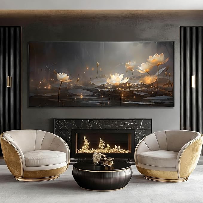 Floral Wall Decor Vintage Canvas Wall Art Lotus Picture Prints 32"x70" Artwork for Bedroom Oversized Framed Pictures for Office