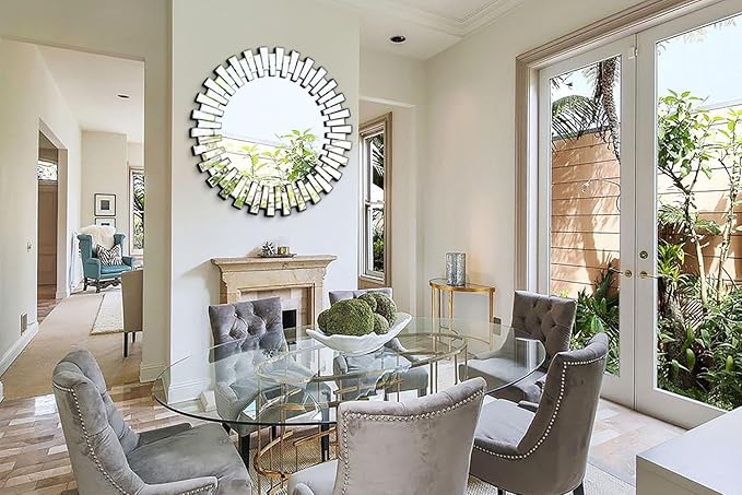 Chende 40'' Large Round Mirror, Modern 3D Decoratiave Wall Mirror with Beveled Glass, Elegant Frameless Circle Mirror for Dining Room, Living Room, Fireplace, Entryway