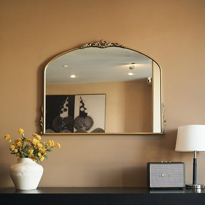 Vintage Gold Wall Mirror - 40x30 Inch, Baroque Arched Design, Ornate Crown Metal Frame, Distressed Gold Finish, Large Antique Decorative Mirror for Fireplace Mantle, Living Room, Bathroom, Entryway