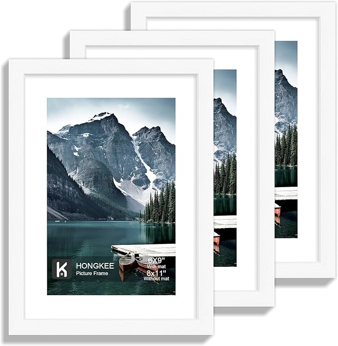 Hongkee 8x11 Picture Frame with Real Glass - Display Pictures 6x9 with Mat or 8 x 11 without Mat, Photo Frame for Wall or Table Top Display(White, 3 Pack)