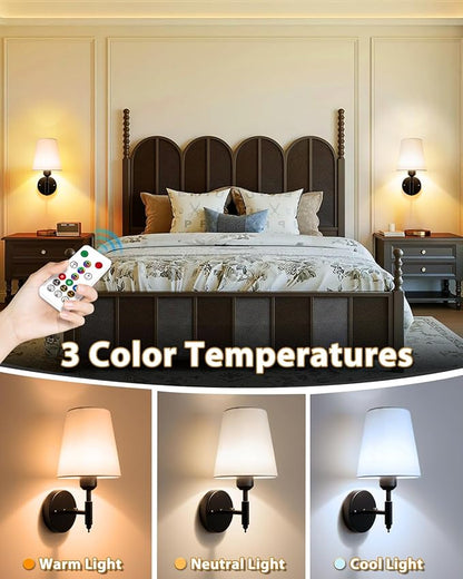 Adetu Battery Operated Wall Sconces Set of Two, Gold Rechargeable Wall Lights with 10000mAh RGB Rechargeable Magnetic Bulb, Battery Wall Sconce with Remote Control for Bedroom Decor