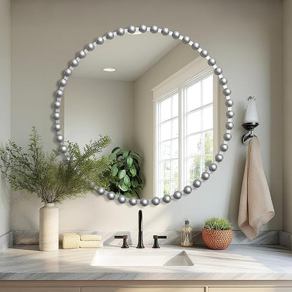 36'x36' Beaded Silver Round Wall Mirror with Metal Frame, Small Vintage Retro Baroque Ornate Vanity Mirror for Bathroom, Fireplace,Entryway, Living Room (Beaded Round Mirror)
