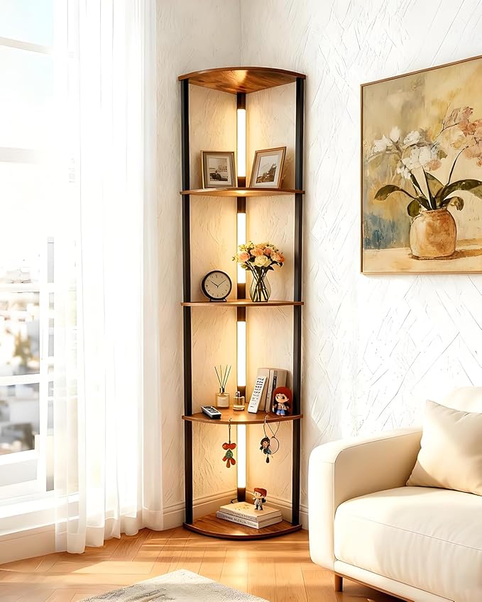 Lightdot Corner Floor Lamps with Shelves, 64Inch 5-Tier Storage Shelf Lamp with Integrated LED Posts/Amber Shelf/Black Frame, Black Display Floor Lamp for Living Room Bedroom/Sofa Beside/Corner Decor