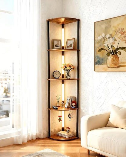 Lightdot Corner Floor Lamps with Shelves, 64Inch 5-Tier Storage Shelf Lamp with Integrated LED Posts/Amber Shelf/Black Frame, Black Display Floor Lamp for Living Room Bedroom/Sofa Beside/Corner Decor
