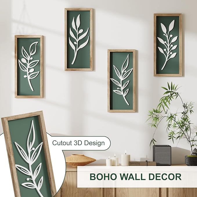3D Tree Leaf Sage Green Boho Wall Art Lightweight (Set of 4), Minimalist Botanical Farmhouse Wooden Framed Bathroom Wall Decor For Living Room Bedroom Kitchen Office Hallway Decorations