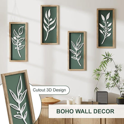 3D Tree Leaf Sage Green Boho Wall Art Lightweight (Set of 4), Minimalist Botanical Farmhouse Wooden Framed Bathroom Wall Decor For Living Room Bedroom Kitchen Office Hallway Decorations