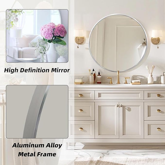 Round Silver Mirror, 24 Inch Circle Silver Mirror, Metal Frame Round Wall Mounted Mirrors for Bathroom, Living Room, Bedroom, Entryway, Vanity, Chrome, Nickel