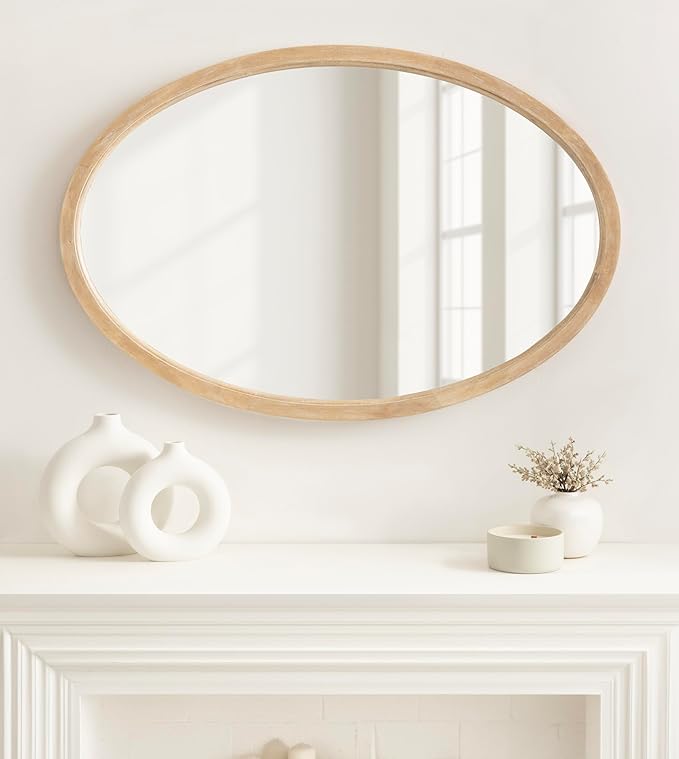 Kate and Laurel Hogan Modern Wooden Oval Wall Mirror; 24 x 36; Natural Wood; Transitional Rounded Mirror for Use as Bathroom Mirror or Entryway Mirror Decor