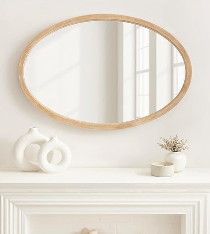 Kate and Laurel Hogan Modern Wooden Oval Wall Mirror; 24 x 36; Natural Wood; Transitional Rounded Mirror for Use as Bathroom Mirror or Entryway Mirror Decor