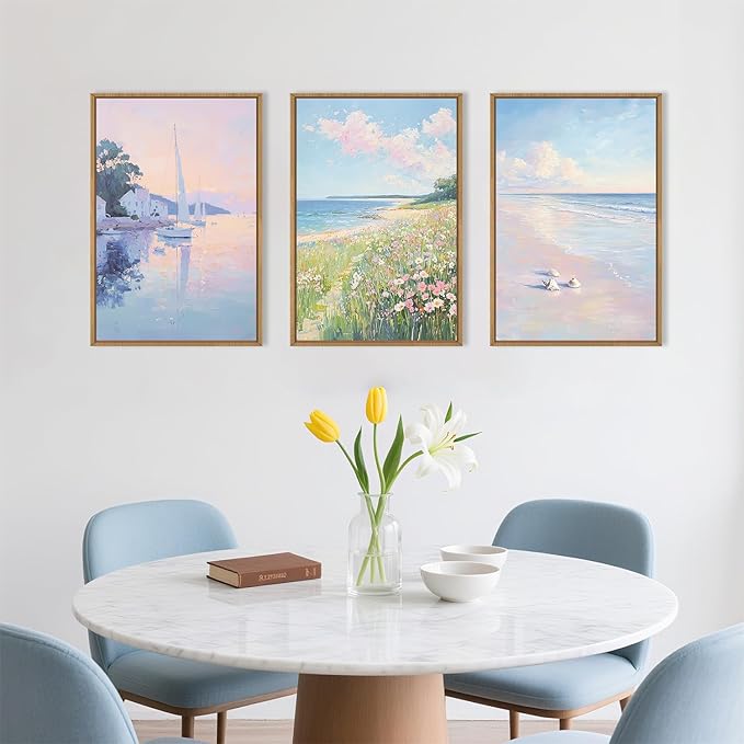 Aryroi Pink Beach Dreamy Coastal Framed Canvas Wall Art Set,Watercolor Colorful Floral Sailboat Seascape Wall Decor,Soft Preppy Pastel Wildflower Artwork for Living Room,Farmhouse- 24"x36"x3