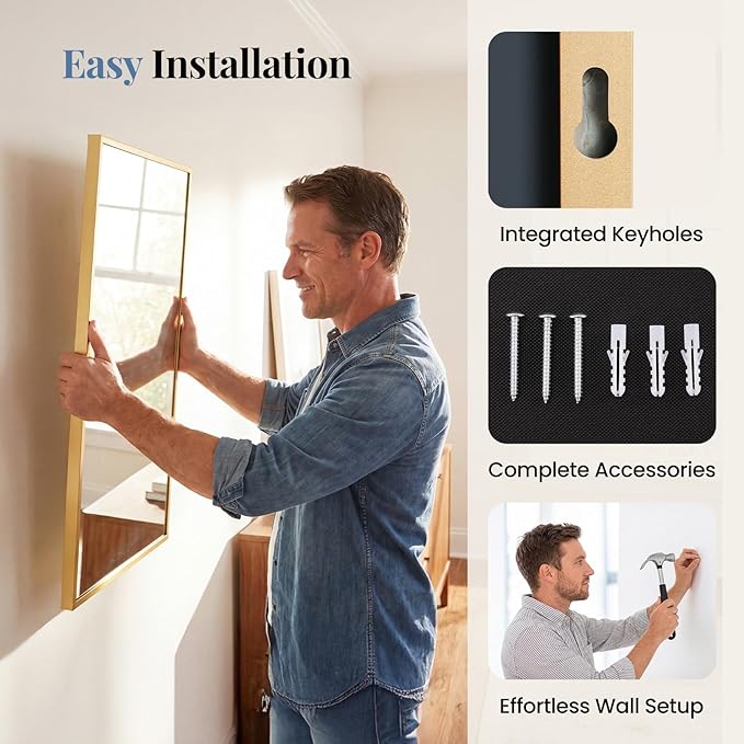 NEWBULIG 30" x 36" Gold Rectangle Bathroom Mirror for Wall, Morden Wall Mirror with Metal Frame, Tempered Glass, Vanity Mirror for Over Sink, Entryway, Living Room, Anti-Rust, Horizontal or Vertical