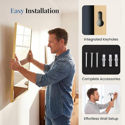 NEWBULIG 30" x 36" Gold Rectangle Bathroom Mirror for Wall, Morden Wall Mirror with Metal Frame, Tempered Glass, Vanity Mirror for Over Sink, Entryway, Living Room, Anti-Rust, Horizontal or Vertical