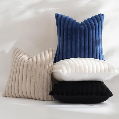 decorUhome Cozy Faux Fur Throw Pillow Covers 18x18 Set of 2 Decorative Soft Plush Striped Modern Farmhouse Boho Couch Pillow Cases with Velvet Back for Sofa Bed Living Room, Blue