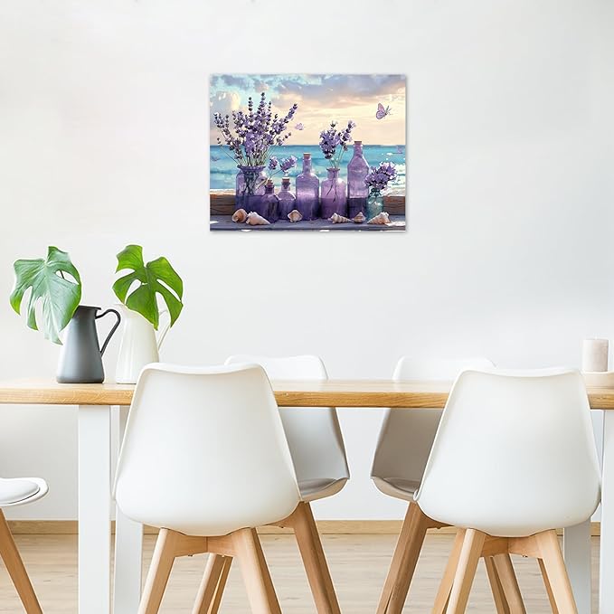 LB Ocean Purple Lavender Wall Art for Living Room Purple Flower in Vase with Butterfly Canvas Wall Art Blue Sky and White Cloud Wall Decor for Bedroom Bathroom Office Framed Ready to Hang 8L x 10W