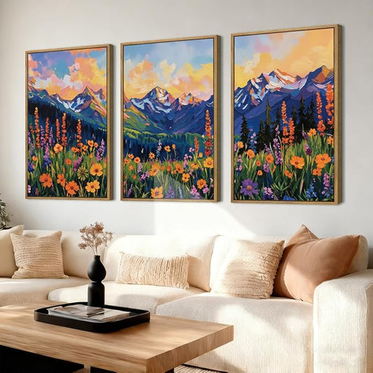 ANHUIB Colorful Wildflower Wall Art Boho Mountain Wall Decor Nature Floral Art Print 16x24 Inch Set of 3 for Living Room Bedroom Dining Room