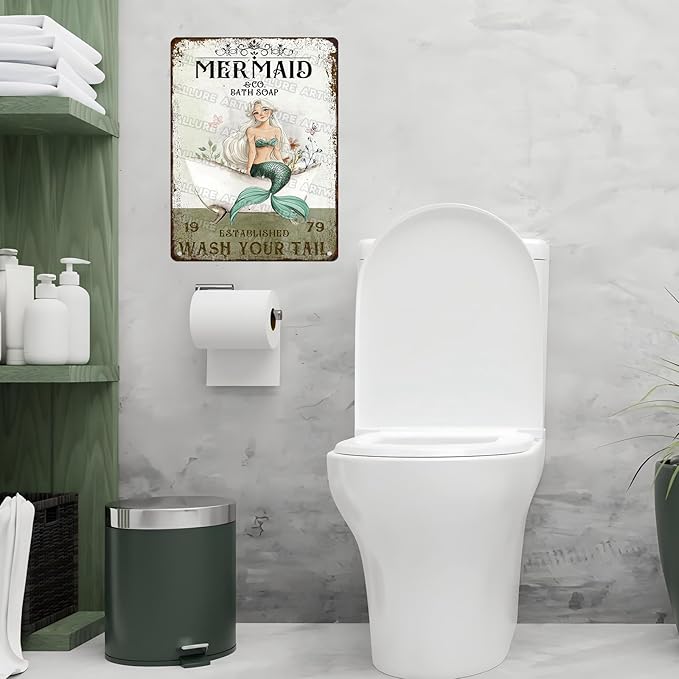 Mermaid Bathroom Decor Tin Sign Metal Wall Art for Seaside Bath & Shower Waterproof 12x16 Inch