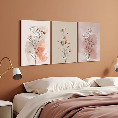 okudolit Boho Vintage Flower Wall Art Set of 3 Minimalist Floral Botanical Prints Rustic Wildflower Wall Decor Beige and Pink Neutral Plant Painting for Living Room Bedroom Office-16x24in
