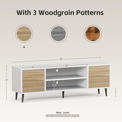 JUMMICO TV Stand for 65 Inch TV, Mid Century Modern TV Stand, Entertainment Center with Storage Cabinet and Open Shelves, TV Console Table Media Cabinet for Living Room, and Bedroom (White)