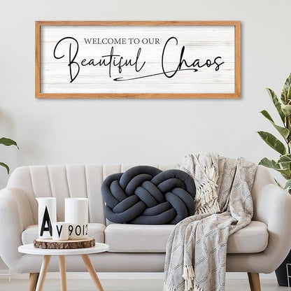 AuraPeak Welcome To Our Beautiful Chaos Sign Home Living Room Wall Decor Modern Family Rustic Farmhouse House Entryway Bedroom Hanging Horizontal Plaque Wall Art (Wood 40"×15")
