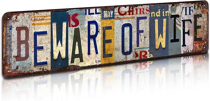 Beware of Wife Vintage Metal Tin Sign - Humorous Rustic Wall Art for Garage, Man Cave, Bar, Game Room Décor - 4x16 Inch
