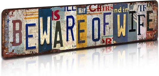 Beware of Wife Vintage Metal Tin Sign - Humorous Rustic Wall Art for Garage, Man Cave, Bar, Game Room Décor - 4x16 Inch